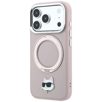 2. Etui Karl Lagerfeld with Ring Stand 360 Choupette Head Pin MagSafe na iPhone 18 Pro / 17 Pro - różowe