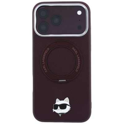 3. Etui Karl Lagerfeld with Ring Stand 360 Choupette Head Pin MagSafe na iPhone 18 Pro / 17 Pro - burgundowe