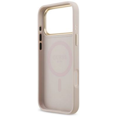 7. Etui Guess 4G Strass Logo & Big Strap Metal Buttons MagSafe na iPhone 17 Pro Max - różowe