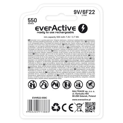 5. EVERACTIVE AKUMULATOREK 6F22/9V LI-ION 550 MAH Z USB TYP C EVHR22-550C
