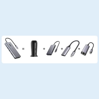 8. Choetech HUB wielofunkcyjny z wyświetlaczem 12w1 USB-C do 1xUSB-C/4xUSB-A/2xHDMI/1xVGA/1xAUX/czytnik kart pamięci szary (HUB-M26)