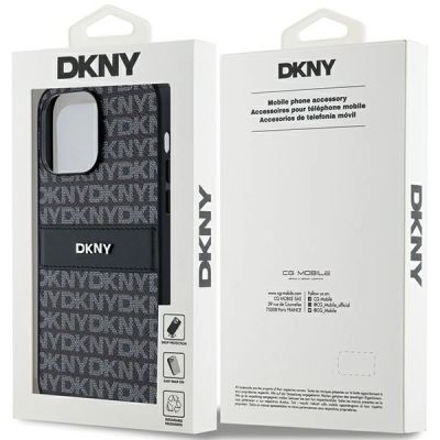 8. Etui DKNY Leather Mono Stripe & Metal Logo na iPhone 14 Pro - czarne