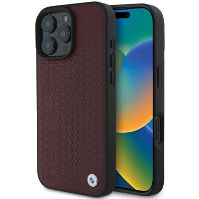 Etui BMW Sign Leather Diamond Metal Logo MagSafe na iPhone 16 Pro Max - czerwone
