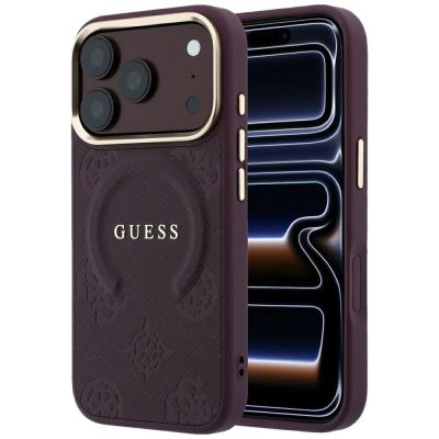 Etui Guess Saffiano Peony & Ring MagSafe na iPhone 17 Pro Max / 18 Pro Max - burgundowe
