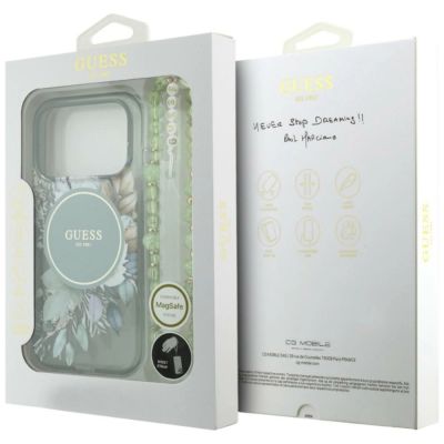 8. Etui Guess IML Flowers Pearl Strap MagSafe na iPhone 18 Pro Max / 17 Pro Max - zielone