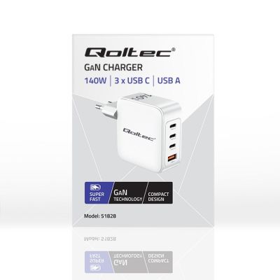 7. Qoltec Ładowarka sieciowa 140W GaN  | 5-20V | 2.5-5A | 3 x USB-C PD | 1 x USB QC 3.0 | Biała