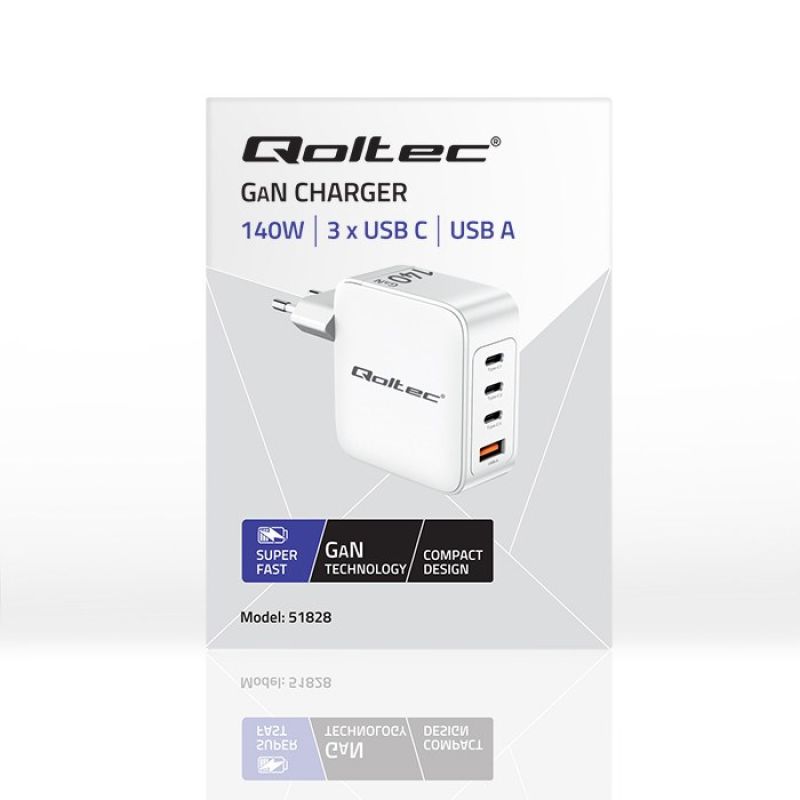 7. Qoltec Ładowarka sieciowa 140W GaN  | 5-20V | 2.5-5A | 3 x USB-C PD | 1 x USB QC 3.0 | Biała