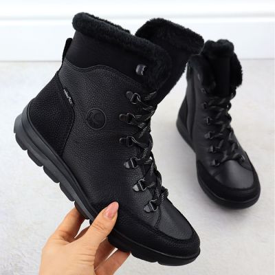 2. Skórzane wodoodporne botki damskie z futerkiem czarne Rieker  Z0000-00