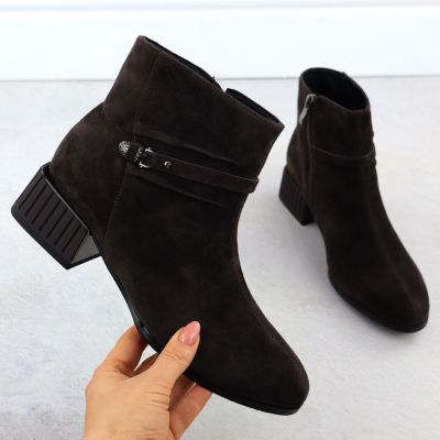 2. Skórzane botki damskie na ozdobnym obcasie brązowe D&A S.Barski Premium Collection CR52-651