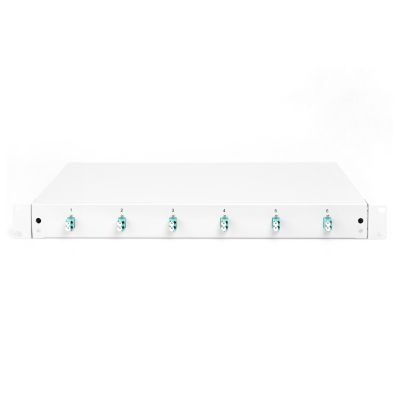 7. Panel krosowy FO z wyposażeniem 19'' 1U, 6x LC dx, OM3, pigtaile, adaptery, tacki, wysuwany, szary