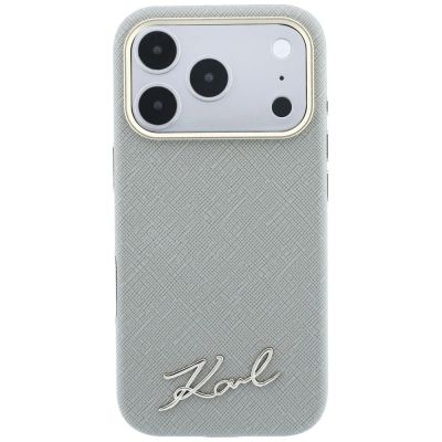 3. Etui Karl Lagerfeld Saffiano Small Script Metal Logo MagSafe na iPhone 17 Pro Max / 18 Pro Max - beżowe