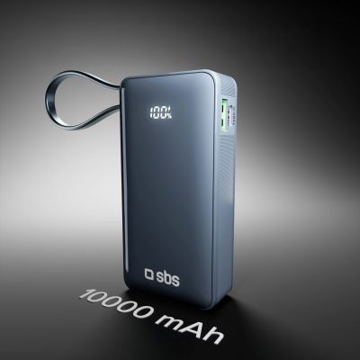9. Powerbank SBS 10000 mAh 20W z wbudowanym kablem USB-C i wyświetlaczem cyfrowym - ciemnoszary