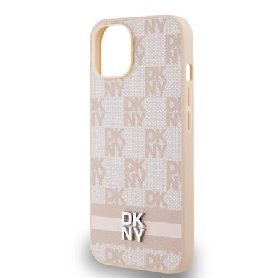 6. Etui DKNY Leather Checkered Mono Pattern & Printed Stripes na iPhone 15 Plus / 14 Plus - różowe