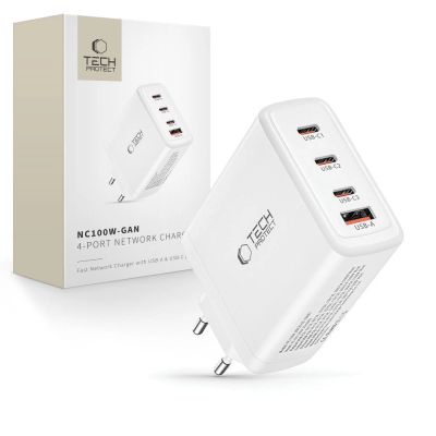 Ładowarka Tech-Protect NC100W-GAN sieciowa GaN 3x USB-C PD 100W / USB-A QC 3.0 - biała