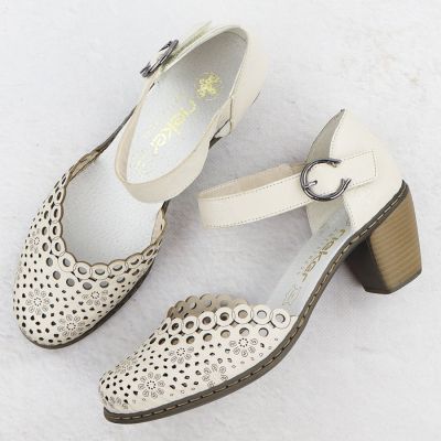 3. Skórzane sandały damskie na słupku beżowe Rieker 40902-60