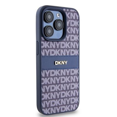 4. Etui DKNY Leather Mono Stripe & Metal Logo na iPhone 15 Pro - niebieskie