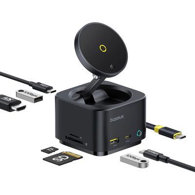 Hub USB-C 7w1 Baseus MagPro Series II z ładowarką kompatybilną z MagSafe 15W + HDMI + USB-A + USB-C + SD/TF - czarny