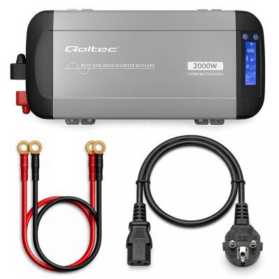 9. Qoltec Przetwornica napięcia Pure Sine Wave | 12V na 230V | 1000/2000W | UPS BYPASS | LCD | USB | USB-C | Kompatybilna z LiFePO4 GEL AGM