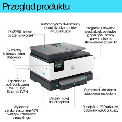 4. HP OfficeJet Pro 9120b Bezprzewodowe All-in-One W kolorze Drukarka, Drukowanie dwustronne; Kopiowanie, skanowanie