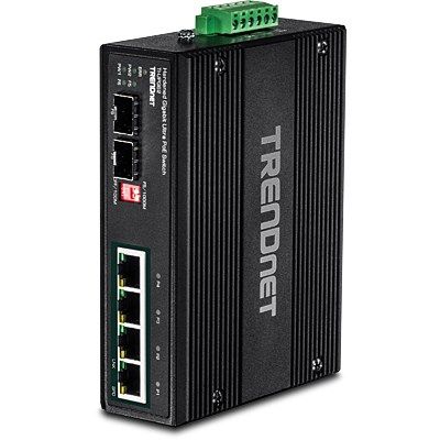 2. Przełącznik TRENDnet TI-UPG62 - Niezarządzalny - 4 x 10/100/1000 (PoE+) + 2 x Gigabit SFP - Możliwość montażu na szynie DIN, Montaż na ścianie - PoE+ (240W) - DC