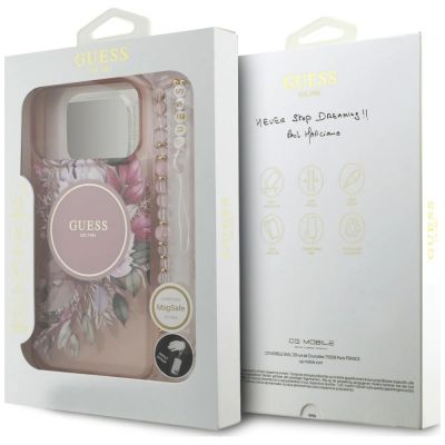 8. Etui Guess IML Flowers Pearl Strap MagSafe na iPhone 18 Pro / 17 Pro - różowe