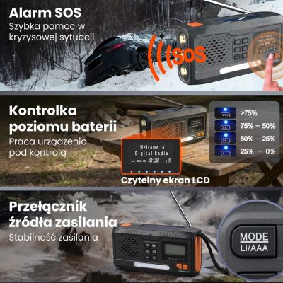 7. Extralink RADIO AWARYJNE BLUETOOTH SOLARNE Z KORBKA DYNAMO POWERBANK 4000MAH Z LATARKA SOS BT-4000 Przenośny Analogowe i cyfrowe Czarny, Pomarańczowy