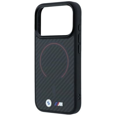 6. Etui BMW M Kevlar Red Print Ring Metal Logo MagSafe na iPhone 18 Pro Max / 17 Pro Max - czarne