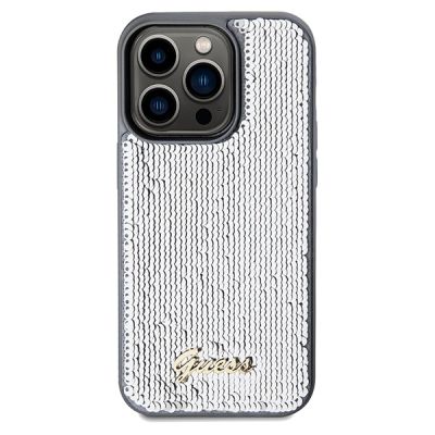 3. Etui Guess Sequin Script Metal na iPhone 14 Pro - srebrne