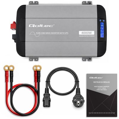 9. Qoltec Przetwornica napięcia Pure Sine Wave | 12V na 230V | 2000/4000W | UPS BYPASS | LCD | USB | USB-C | Kompatybilna z LiFePO4 GEL AGM