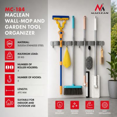 8. MACLEAN ŚCIENNY ORGANIZER NA NARZĘDZIA OGRODOWE ORAZ MOPY, STALOWY, Z HACZYKAMI, MAX. OBCIĄŻENIE 20KG, SZEROKOŚĆ 49CM MC-184