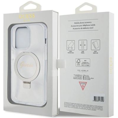 8. Etui Guess Ring Stand Script Glitter MagSafe na iPhone 15 Pro - przezroczyste