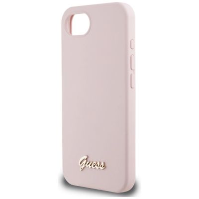 6. Etui Guess Silicone Script Metal Logo MagSafe na iPhone 16e - różowe