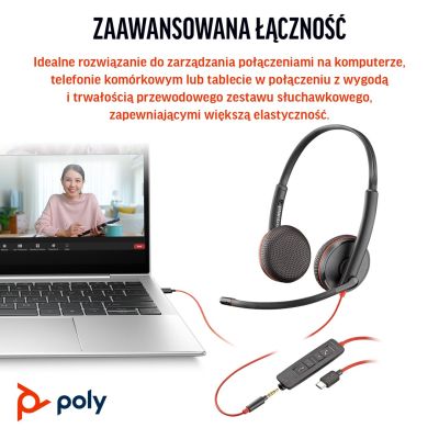 102. POLY Stereofoniczny zestaw słuchawkowy USB-C Blackwire 3225 + wtyczka 3,5 mm + przejściówka USB-C/A (opakowanie zbiorcze)