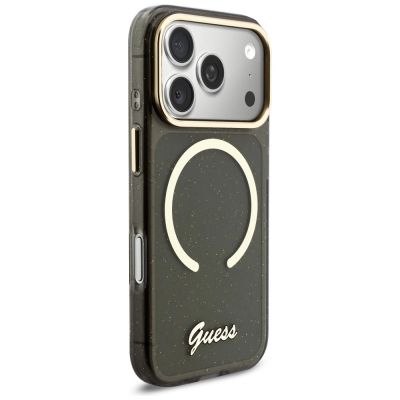 4. Etui Guess IML Glitters Script Strap MagSafe na iPhone 17 Pro - czarne