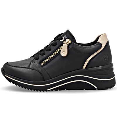 3. Skórzane sneakersy damskie na koturnie czarne Remonte Rieker D0T03-03