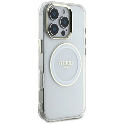 4. Etui Guess IML Metal Colored Circle Classic Logo MagSafe na iPhone 16 Pro Max - białe