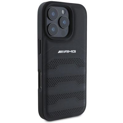 4. Etui AMG Leather Debossed Lines Black Logo na iPhone 16 Pro Max - czarne