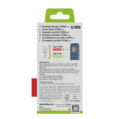 3. Powerbank SBS 10000 mAh 20W z wbudowanym kablem USB-C i wyświetlaczem cyfrowym - ciemnoszary