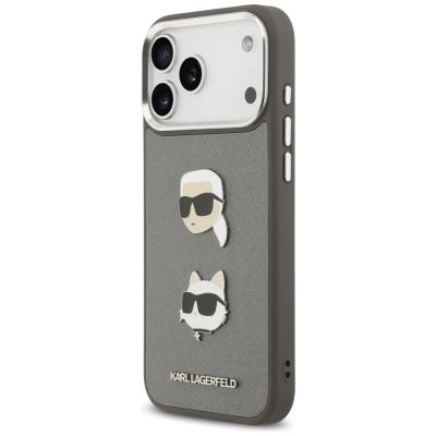 2. Etui Karl Lagerfeld FW Grained Karl & Choupette Heads Pins & Logo na iPhone 17 Pro Max - szare