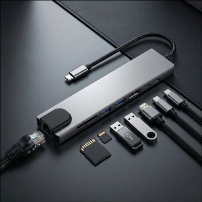 11. Hub USB Tech-Protect HB09 8w1 TYPE-C + USB-A 3.0 + USB-C 3.0 + HDMI 4K 60HZ + SD/TF + PD100W + RJ45 1000 MB/S - szary