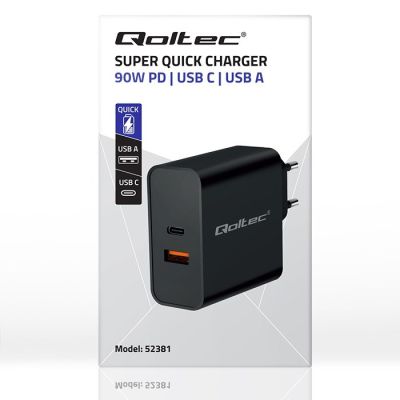 8. QOLTEC ŁADOWARKA SUPER QUICK PD | 1XUSB-C | 1XUSB | 90W | 5-20V | 2.4-4.35A | CZARNA