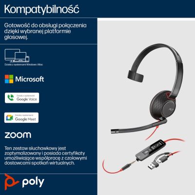 50. POLY Jednouszny zestaw słuchawkowy USB-C Blackwire 5210 + wtyczka 3,5 mm + przejściówka USB-C/A