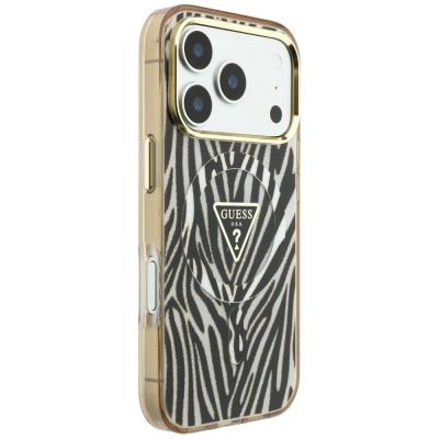 4. Etui Guess IML Zebra Glitter Triangle Logo MagSafe iPhone 17 Pro / 18 Pro - złote