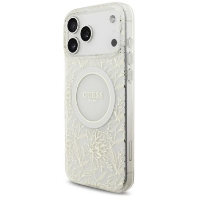 3. Etui Guess IML Flowers Allover Electroplated with Pearl Strap MagSafe na iPhone 18 Pro Max / 17 Pro Max - białe