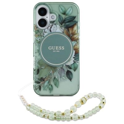 2. Etui Guess IML Flowers With Pearl Strap MagSafe na iPhone 16 Plus - zielone