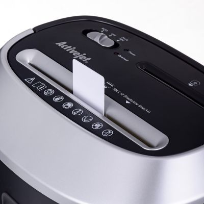 8. Niszczarka Activejet ASH-1201D, P-3, 25 l, ścinki 5x38 mm, 12 kartek, czarno-srebrna.