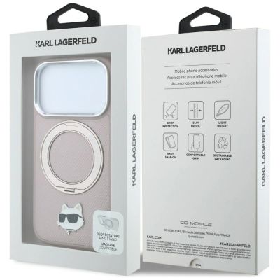 8. Etui Karl Lagerfeld with Ring Stand 360 Choupette Head Pin MagSafe na iPhone 18 Pro / 17 Pro - różowe