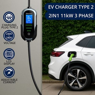 2. Qoltec Mobilna ładowarka do samochodu elektrycznego EV z regulacją 2w1 Typ2 | 11kW | 400V | Wi-fi | TUYA | SMART LIFE | LCD | Przenośna | Wallbox | 5m