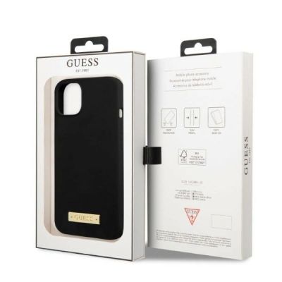 8. Etui Guess Silicone Logo Plate MagSafe na iPhone 13 mini - czarne