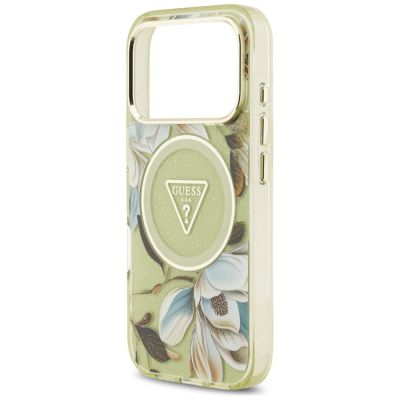 6. Etui Guess IML Glitter Flowers Triangle MagSafe na iPhone 18 Pro Max / 17 Pro Max - zielone